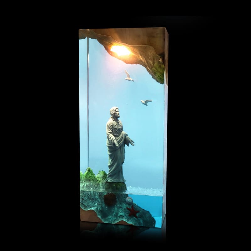 Statue de Jésus, sculpture sur bois, lampe en résine époxy （ Meilleur cadeau 🎁 ）