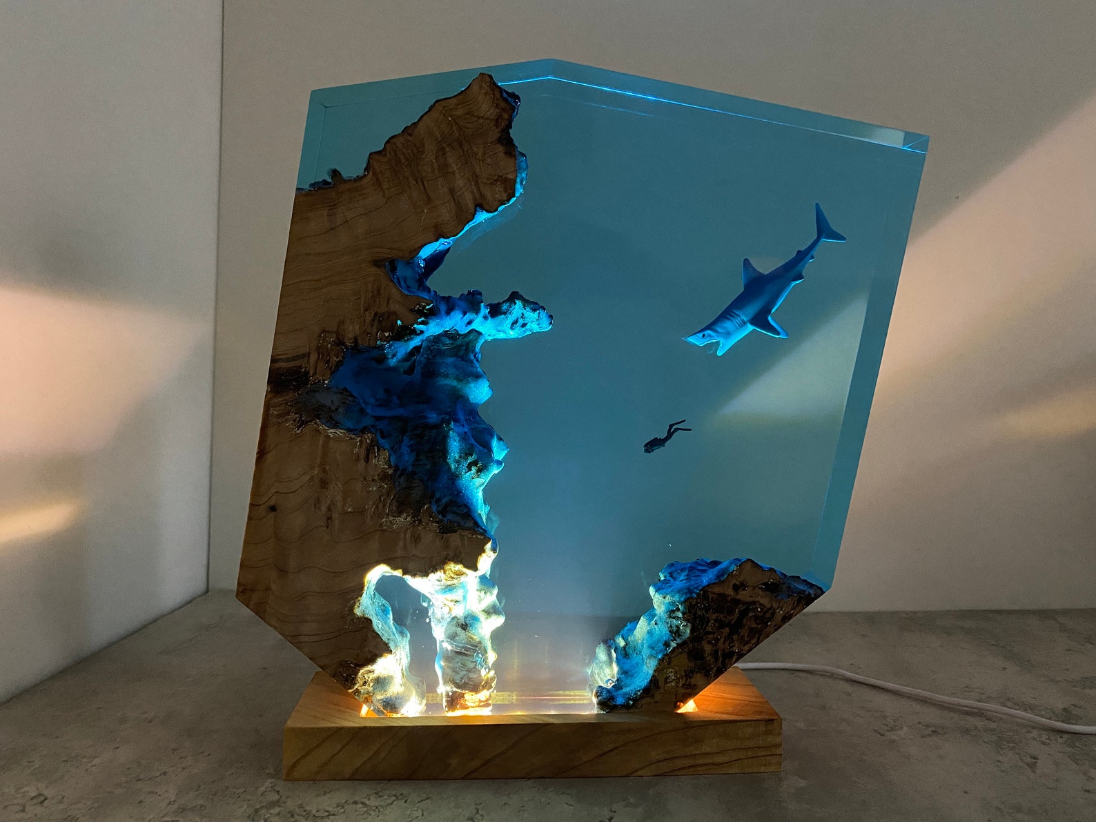 Sharks, divers, wood sculptures, epoxy resin lamp （ Best Gift 🎁 ） shark resin lamp, resin lamp, resin night light, resin lamps, shark light, desk lamps amazon, best desk lamp, best desk light, side table lamps for bedroom, shark resin lamp, shark led light, coolest table lamps, Shark Lamp, epoxy resin lamp, epoxy lamp, Shark decor, Shark lamp US, Unique lamp designs, dolphin night light, driftwood epoxy lamp, diver epoxy lamp, epoxy lights