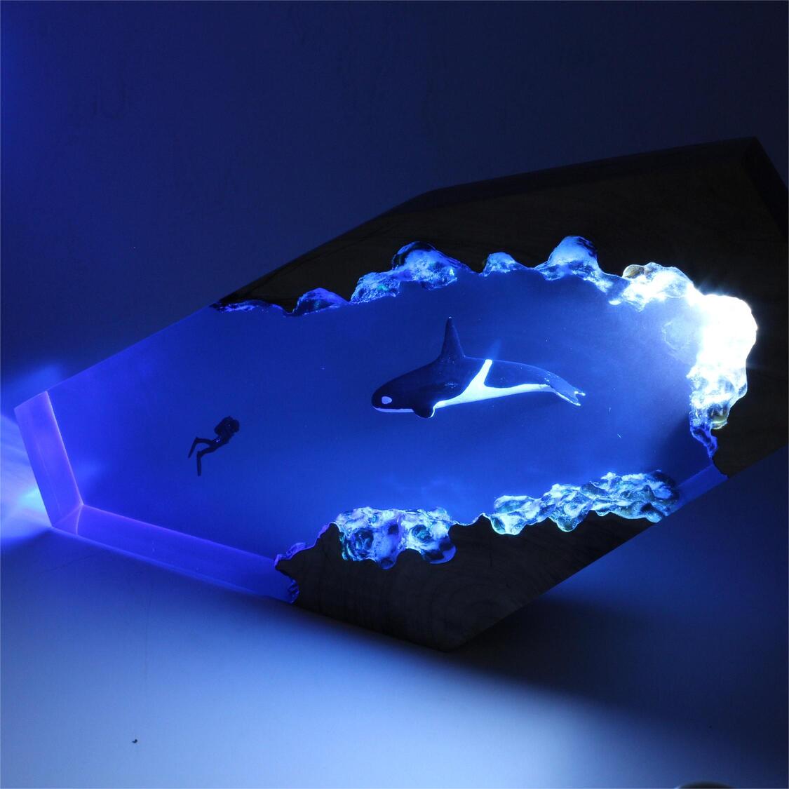 Killer Whale and  Diver Night Light （ Best Gift 🎁 ） shark resin lamp, resin lamp, resin night light, resin lamps, shark light, desk lamps amazon, best desk lamp, best desk light, side table lamps for bedroom, shark resin lamp, shark led light, coolest table lamps, Shark Lamp, epoxy resin lamp, epoxy lamp, Shark decor, Shark lamp US, Unique lamp designs, dolphin night light, driftwood epoxy lamp, diver epoxy lamp, epoxy lights